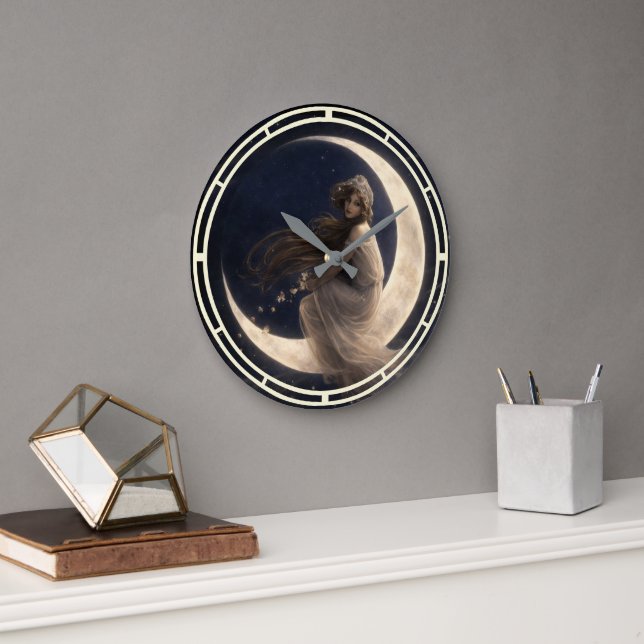 Woman On Crescent Moon With Flowers Large Clock (Office)