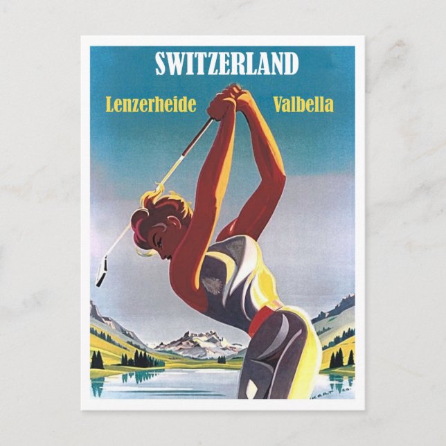 Woman on golf in Switzerland, Lenzerheide,Valbella Postcard (Front)