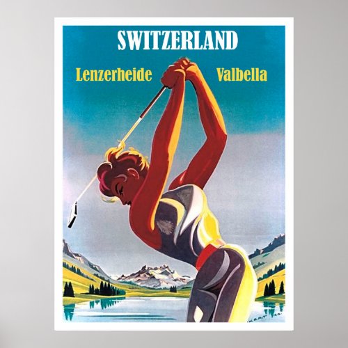Woman on golf in Switzerland LenzerheideValbella Poster