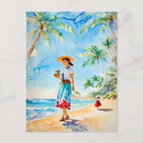 Woman on Hawaii Beach Watercolor painting Vintage Postcard