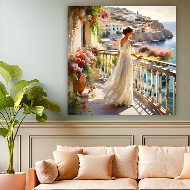 Woman on Italian Coast Fine Art Painting (Loosely painted elegant woman on a balcony on the Italian coast. A happy and colorful wall print.)