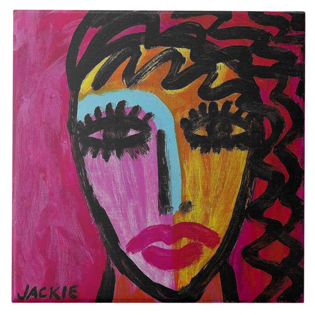 Woman on Red Abstract Portrait Ceramic Tile (Front)
