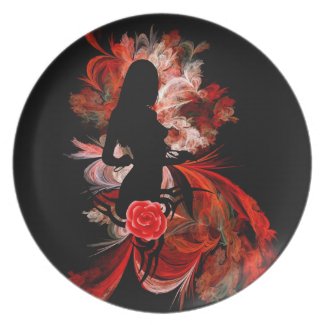 Woman on red fractal background dinner plate
