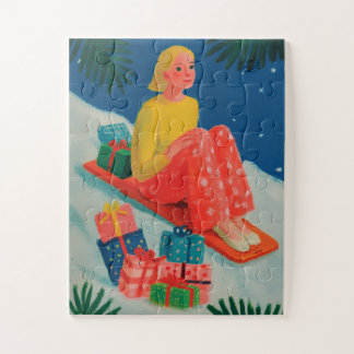 Woman on Sled with Christmas Gifts Jigsaw Puzzle