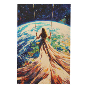 Woman on Swing Over Earth Impasto Oil Painting Wood Wall Art
