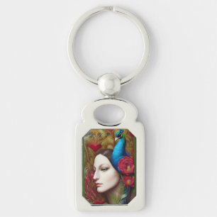 Woman, Peacock, Red flowers and heart Keychain