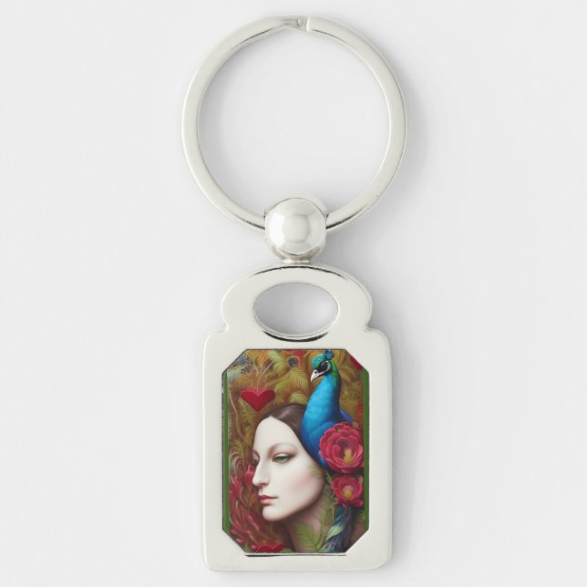 Woman, Peacock, Red flowers and heart  Keychain (Front)
