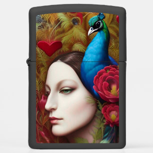 Woman, Peacock, Red flowers and heart Zippo Lighter