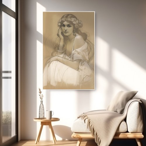 Woman Pencil White Crayon Portrait Study Mucha Poster