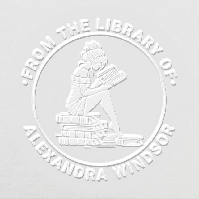 Woman Perched on Books Reading Library Book Name Embosser (Design)
