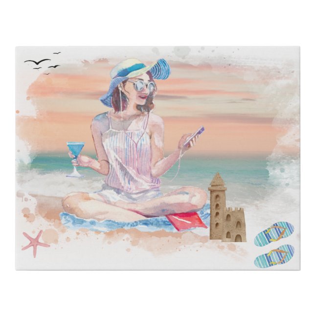 *~* Woman phone beach Faux Canvas Print (Front)