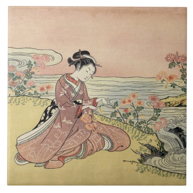 Woman picking chrysanthemums ceramic tile (Front)