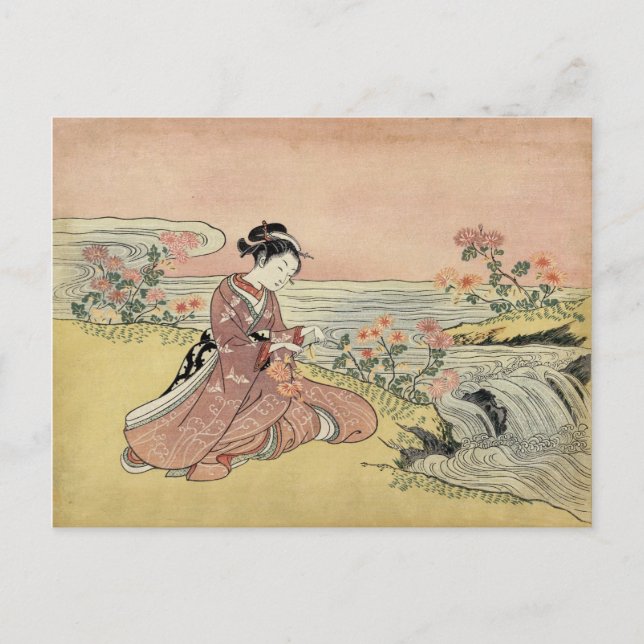 Woman picking chrysanthemums postcard (Front)
