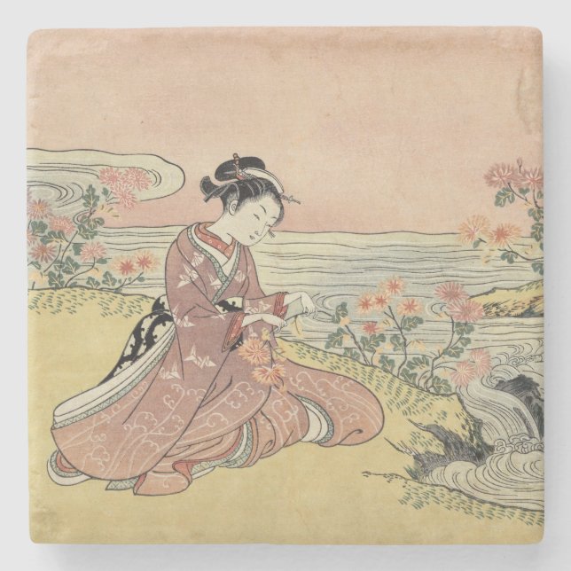 Woman picking chrysanthemums stone coaster (Front)