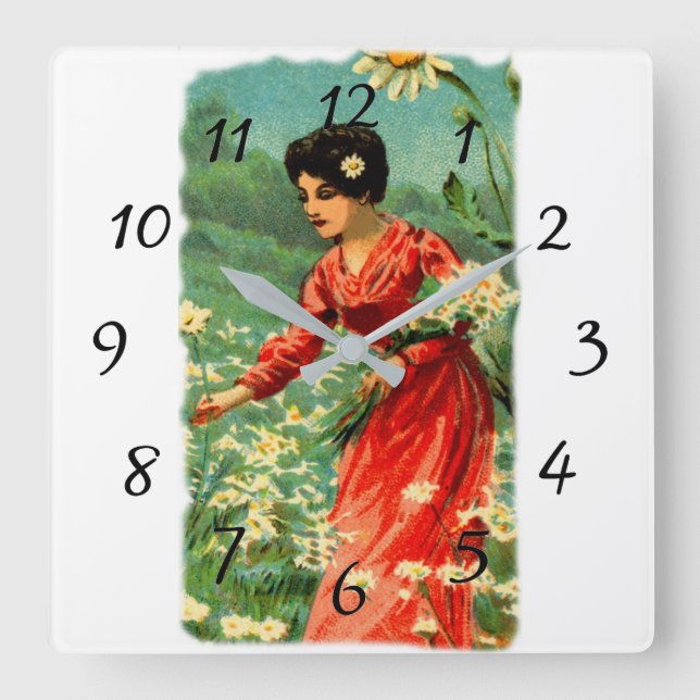 Woman picking flowers square wall clock (Front)
