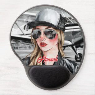 Woman Pilot & Sunglasses Cessna Airplane Christmas Gel Mouse Pad