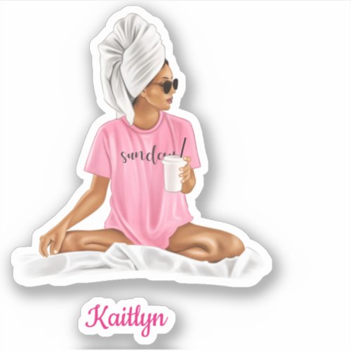 Woman Pink Nightshirt Coffee Custom Name Trendy Sticker