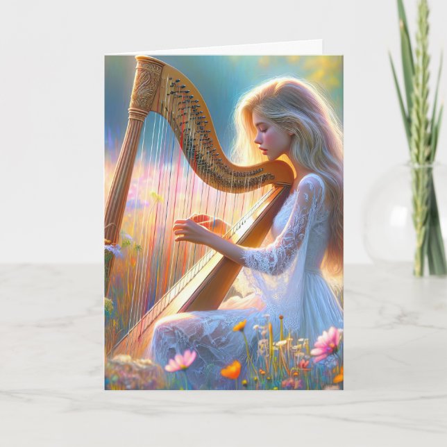 Woman Playing a Harp In Wildflowers Card (Front)