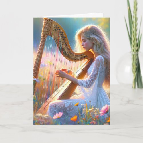 Woman Playing a Harp In Wildflowers Card