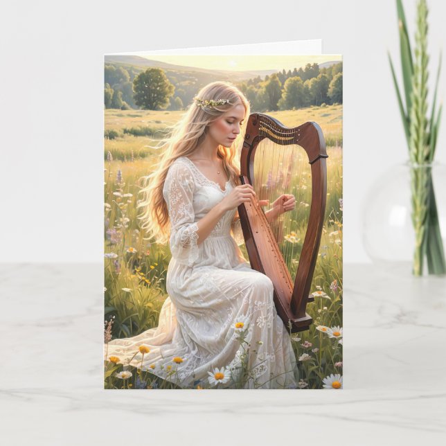 Woman Playing a Harp In Wildflowers Card (Front)