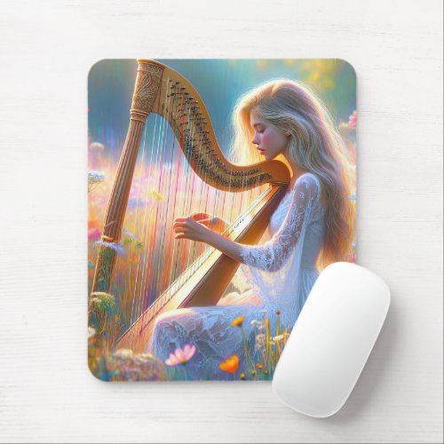 Woman Playing a Harp In Wildflowers Mouse Pad