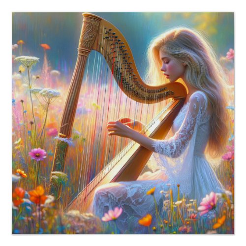 Woman Playing a Harp In Wildflowers Poster