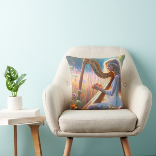 Woman Playing a Harp In Wildflowers Throw Pillow