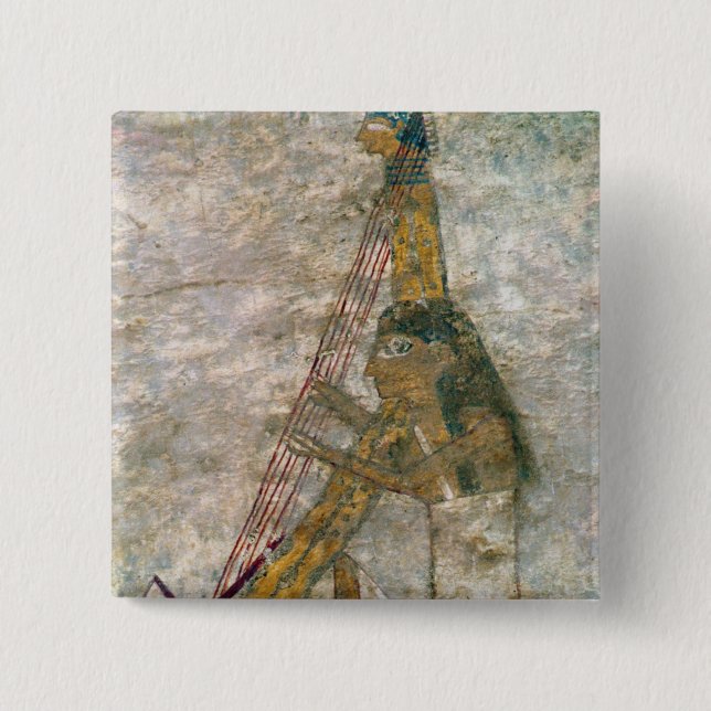 Woman playing an arched harp pinback button (Front)