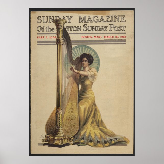 Woman, Playing Harp, Magazine Cover 1908 Poster (Front)