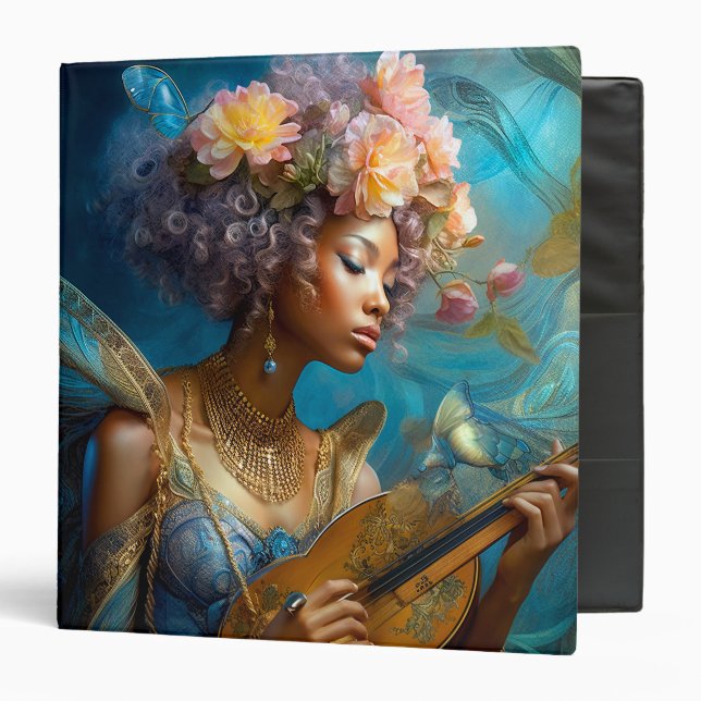 Woman Playing Lute African American Fantasy Art 3 Ring Binder (Front/Inside)