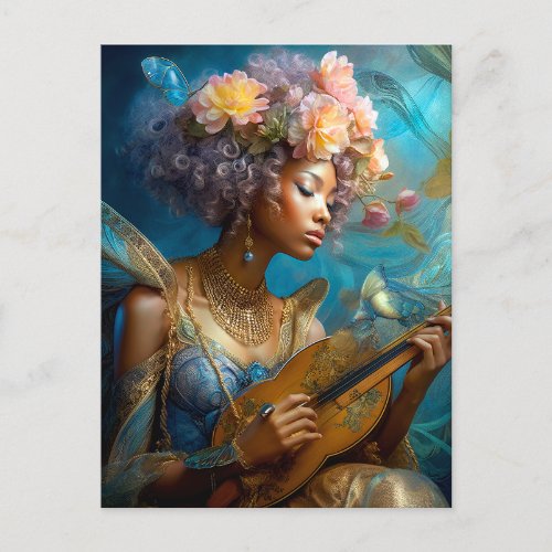 Woman Playing Lute African American Fantasy Art Postcard