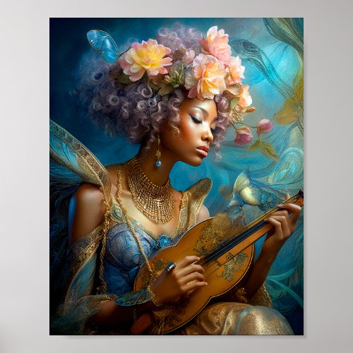 Woman Playing Lute African American Fantasy Art Poster