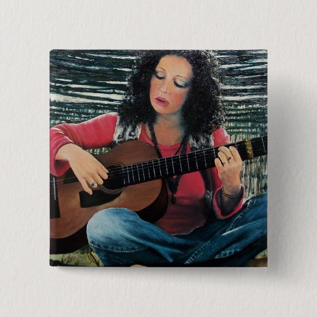 Woman Playing Music With Acoustic Guitar Button (Front)