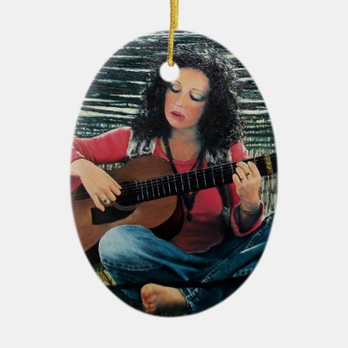 Woman Playing Music With Acoustic Guitar Ceramic Ornament