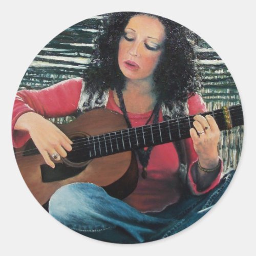 Woman Playing Music With Acoustic Guitar Classic Round Sticker