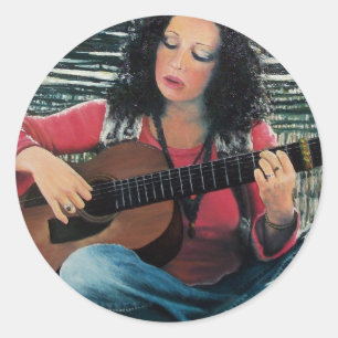 Woman Playing Music With Acoustic Guitar Classic Round Sticker