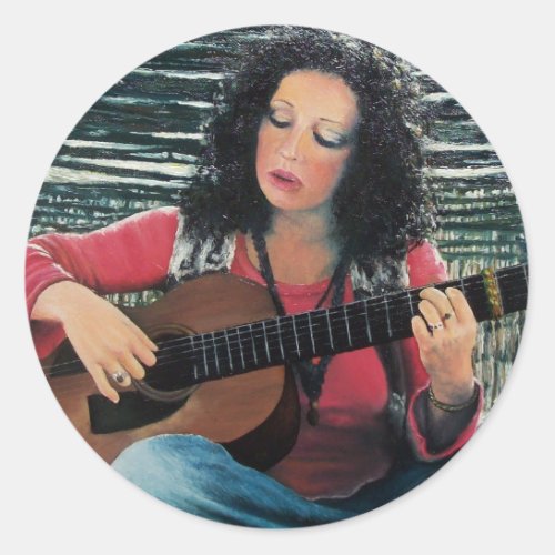 Woman Playing Music With Acoustic Guitar Classic Round Sticker
