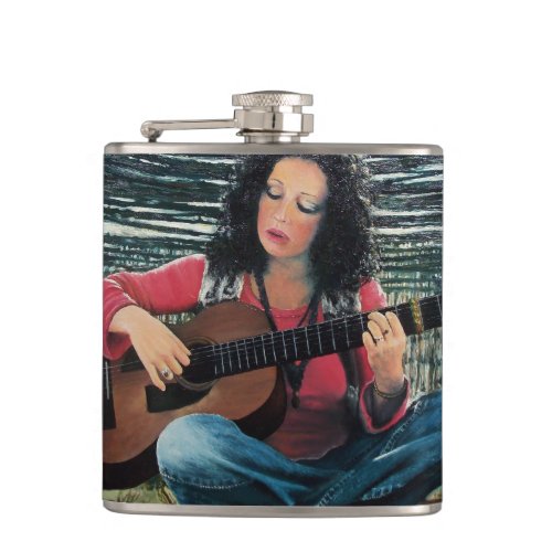Woman Playing Music With Acoustic Guitar Hip Flask