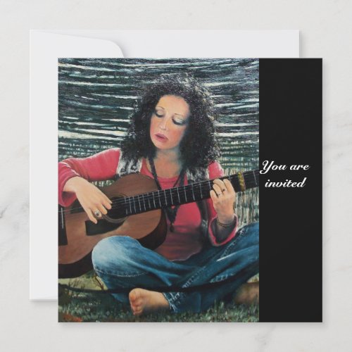 Woman Playing Music With Acoustic Guitar Invitation