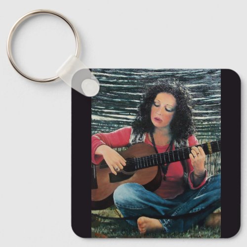Woman Playing Music With Acoustic Guitar Keychain