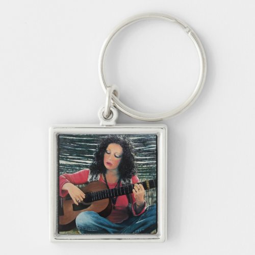 Woman Playing Music With Acoustic Guitar Keychain