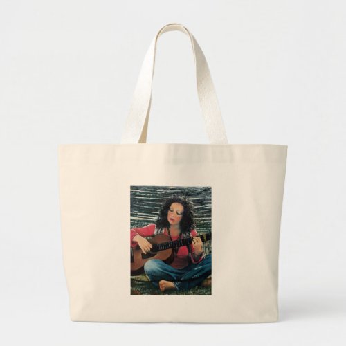 Woman Playing Music With Acoustic Guitar Large Tote Bag