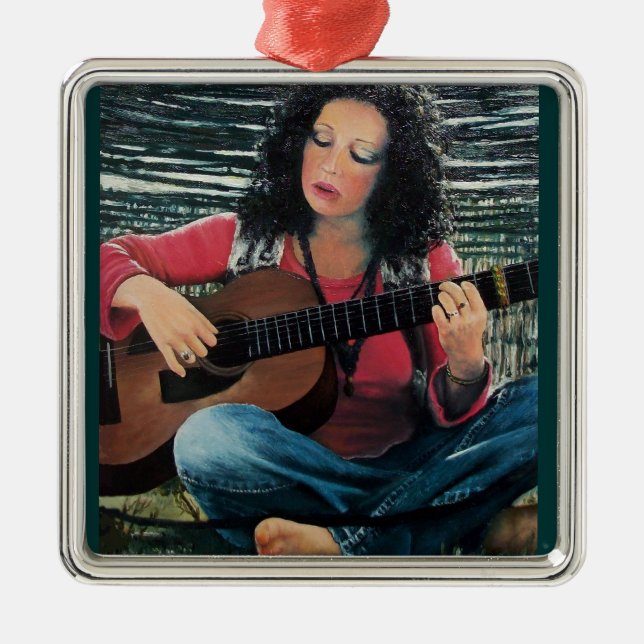 Woman Playing Music With Acoustic Guitar Metal Ornament (Front)