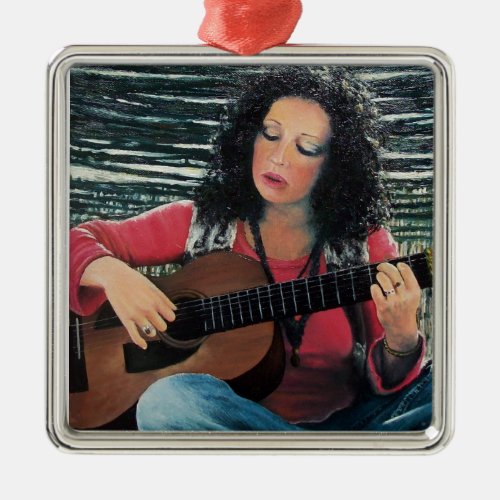 Woman Playing Music With Acoustic Guitar Metal Ornament