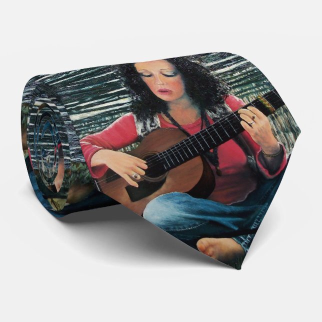 Woman Playing Music With Acoustic Guitar Neck Tie (Rolled)