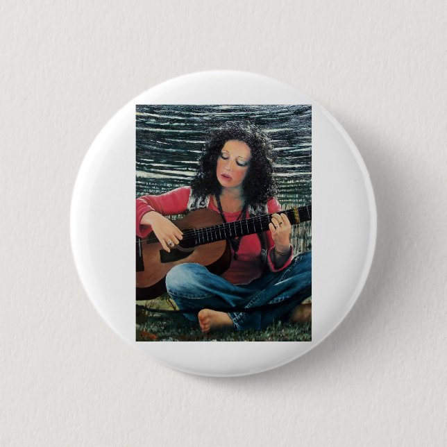 Woman Playing Music With Acoustic Guitar Pinback Button (Front)