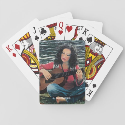 Woman Playing Music With Acoustic Guitar Playing Cards