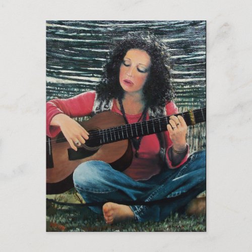 Woman Playing Music With Acoustic Guitar Postcard