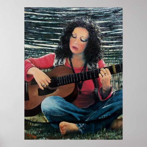 Woman Playing Music With Acoustic Guitar Poster