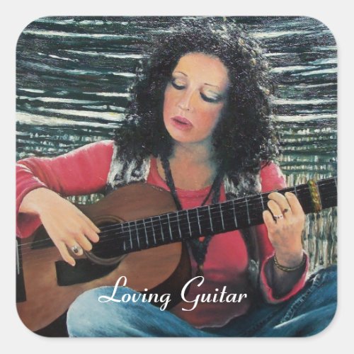 Woman Playing Music With Acoustic Guitar Square Sticker